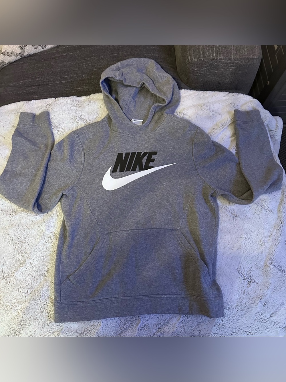 Nike Grey Crewneck Hoodie with Black and White Logo-Boys Large